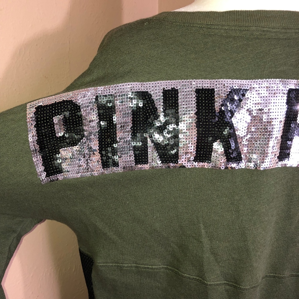 PINK VS Olive Sequins Logo Pullover Sweatshirt - Picture 7 of 8